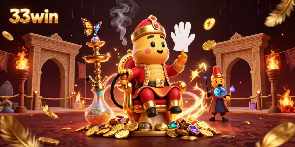 Engage with 33win's vibrant casino experience featuring a whimsical caterpillar and poker elements.