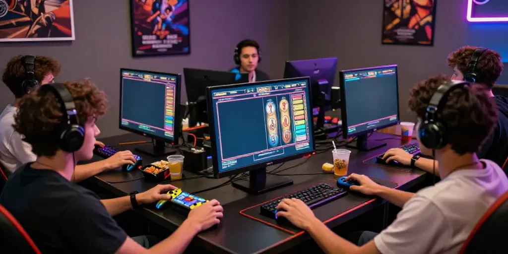Friends enjoying pesgslot gaming experience with vibrant graphics and exciting atmosphere
