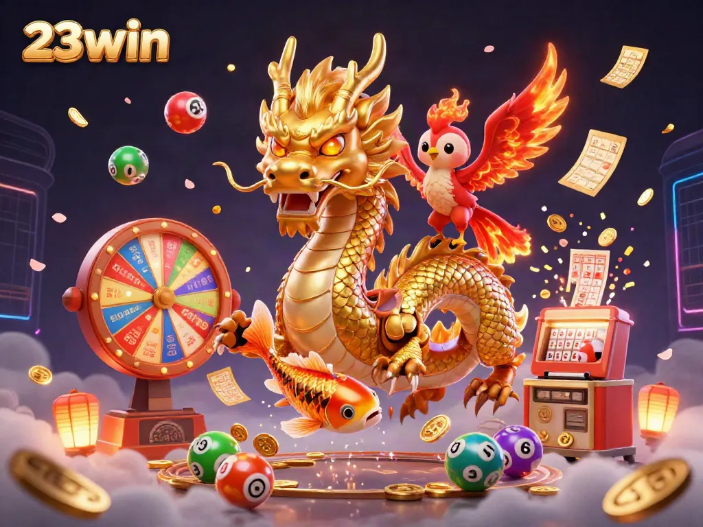Experience excitement at 23win with a vibrant scene of a dragon, phoenix, and koi in a dynamic gaming atmosphere.