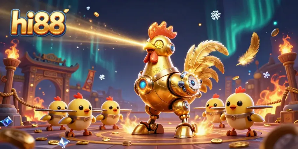 Engage with hi88's exciting atmosphere featuring a dynamic golden rooster robot and baby chick drones in a vibrant casino scene.