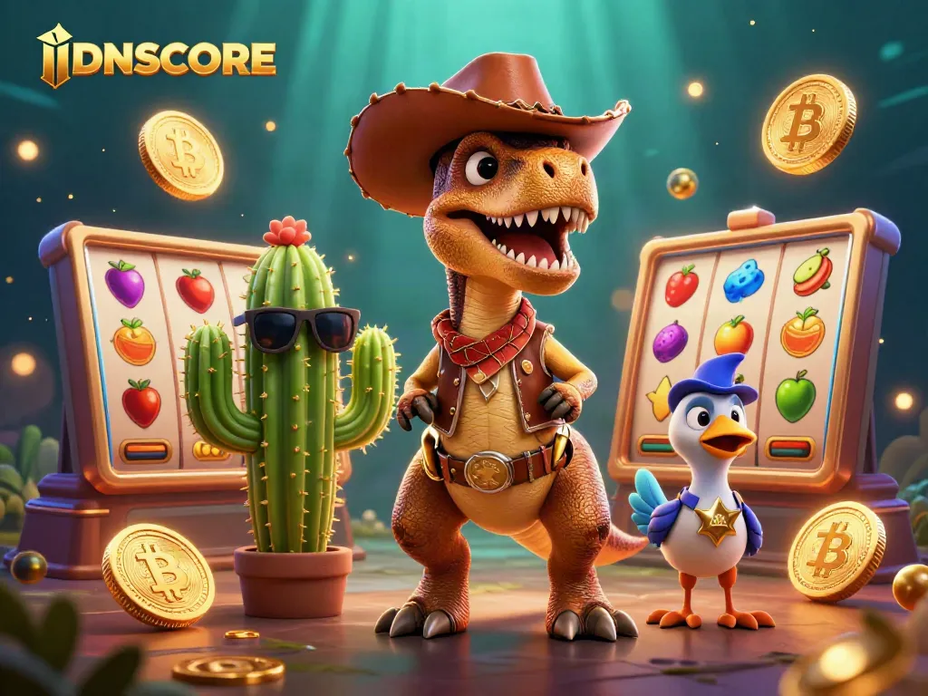 Engage with IDNSCORE in this vibrant 3D scene featuring a cartoon T-Rex and casino elements for an immersive experience.
