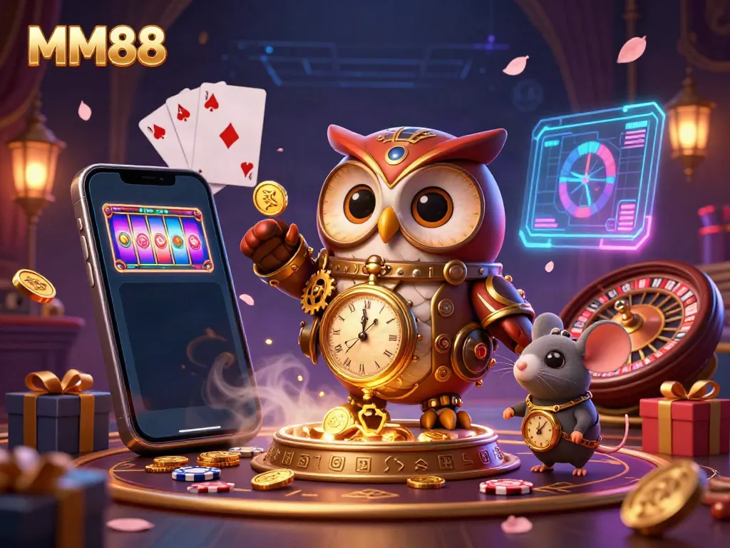 Experience the vibrant world of MM88 with a steampunk owl and casino elements in a dynamic scene.