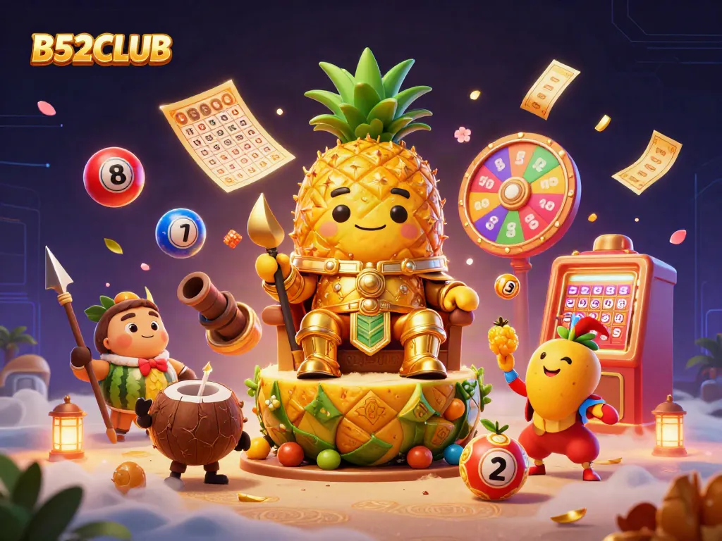 Engage in the thrill of B52CLUB with a vibrant scene depicting a colorful casino atmosphere filled with characters and games.