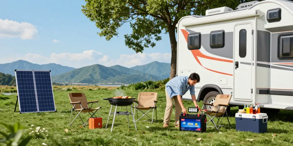 Connecting 12V Lithium Batteries to outdoor lighting during camping, showcasing convenience and sustainability.