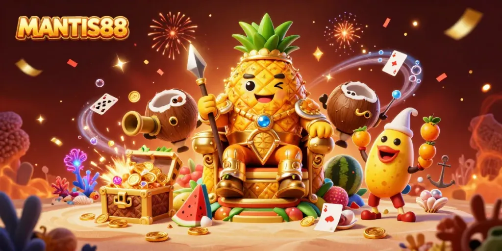 MANTIS88 showcases an engaging beach casino scene with a pineapple king and dynamic gaming elements.