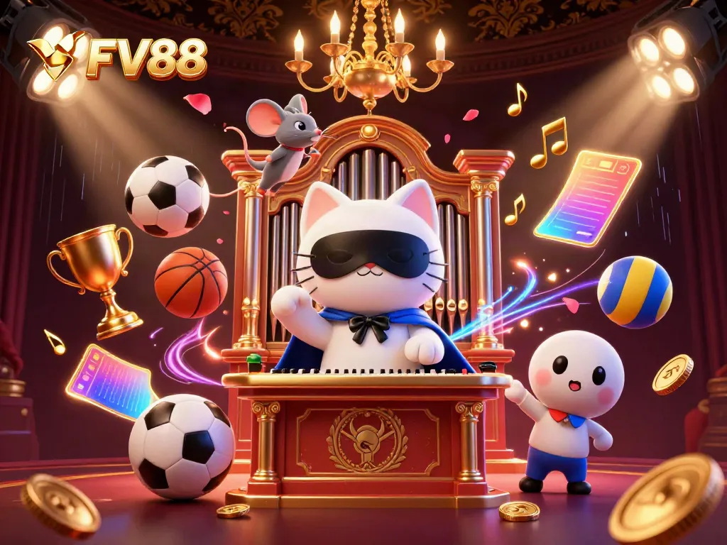 Experience FV88 with an exciting illustration of a cat at a casino organ surrounded by dynamic sports elements.