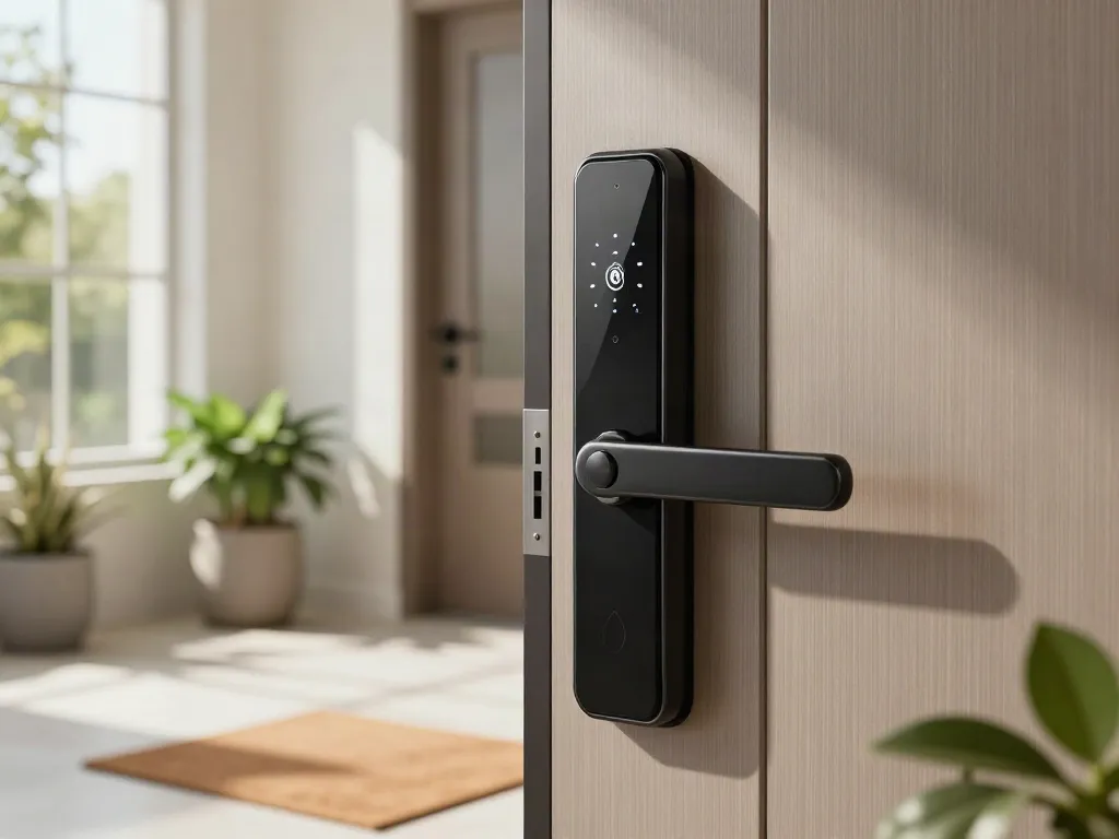 Close-up of a قفل هوشمند installed on a modern door, showcasing its advanced biometric features.