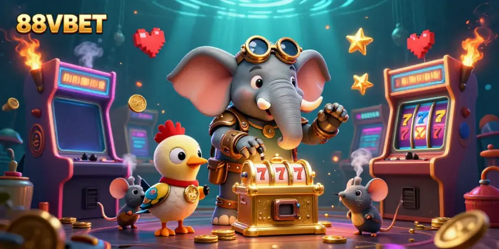 Engage with the golden slot machine and whimsical characters in a vibrant 88VBET casino illustration.