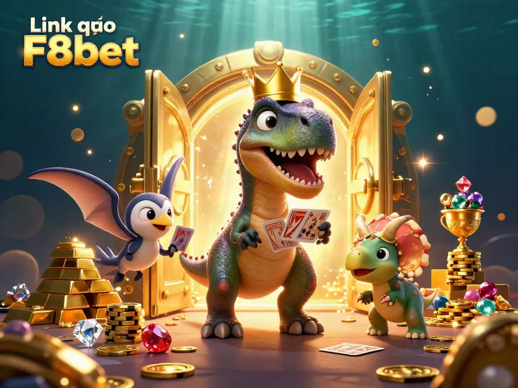 Experience the thrill at Link vào F8bet with a lively T-Rex and charming characters amidst sparkling treasures.