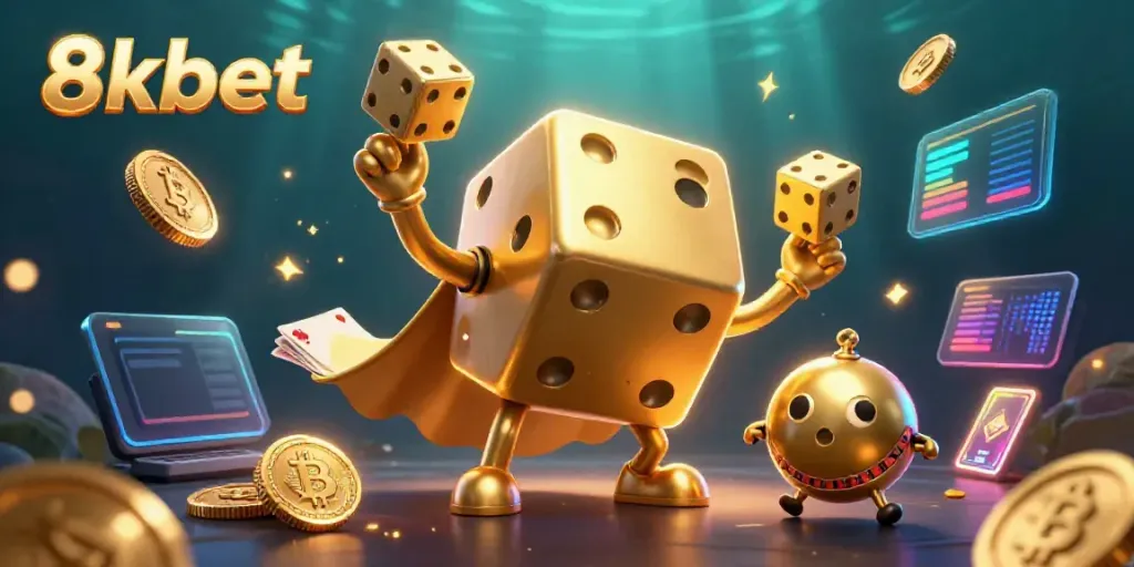 Experience the excitement of 8xbet with a dynamic 3D illustration showing a golden dice golem and crypto elements.