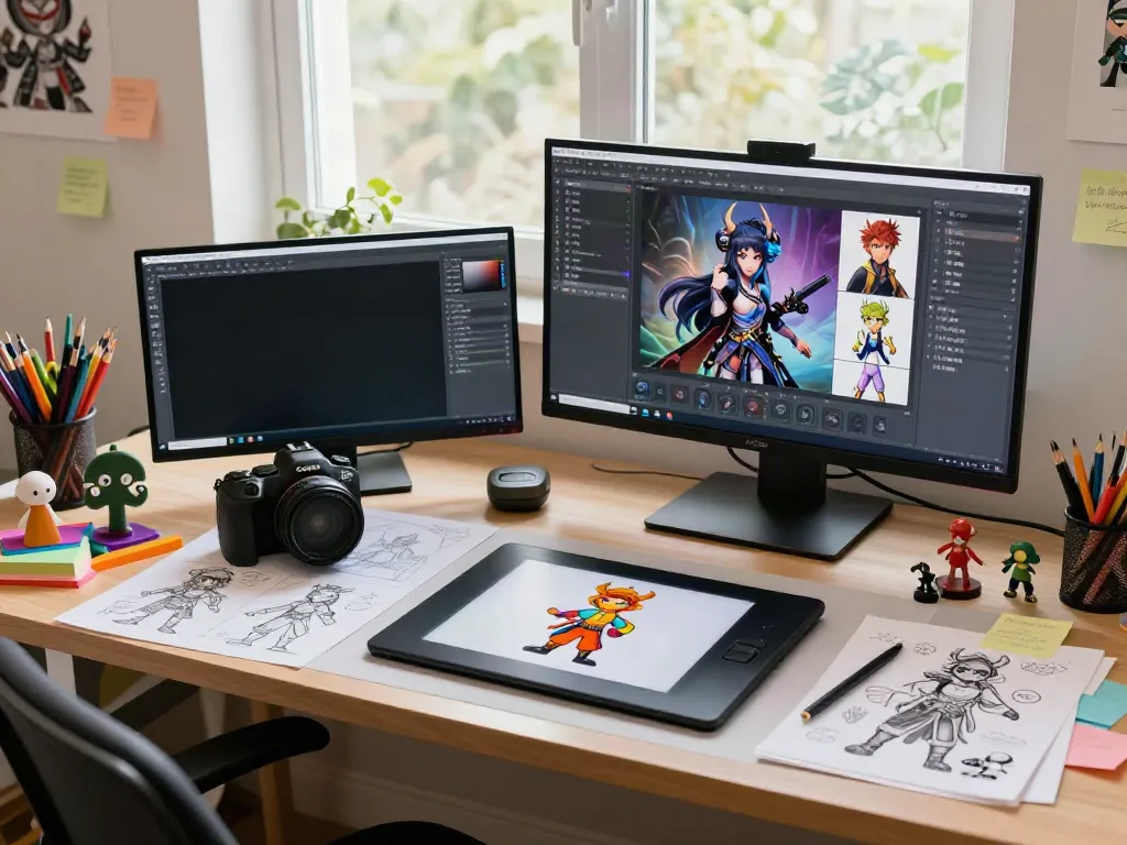 AI character sheet generator workspace with digital artist creating characters.