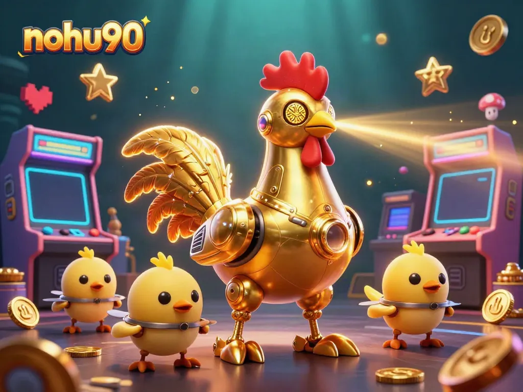 Visualize winning strategies at nohu90 with a vibrant, high-energy casino scene featuring a golden rooster robot.