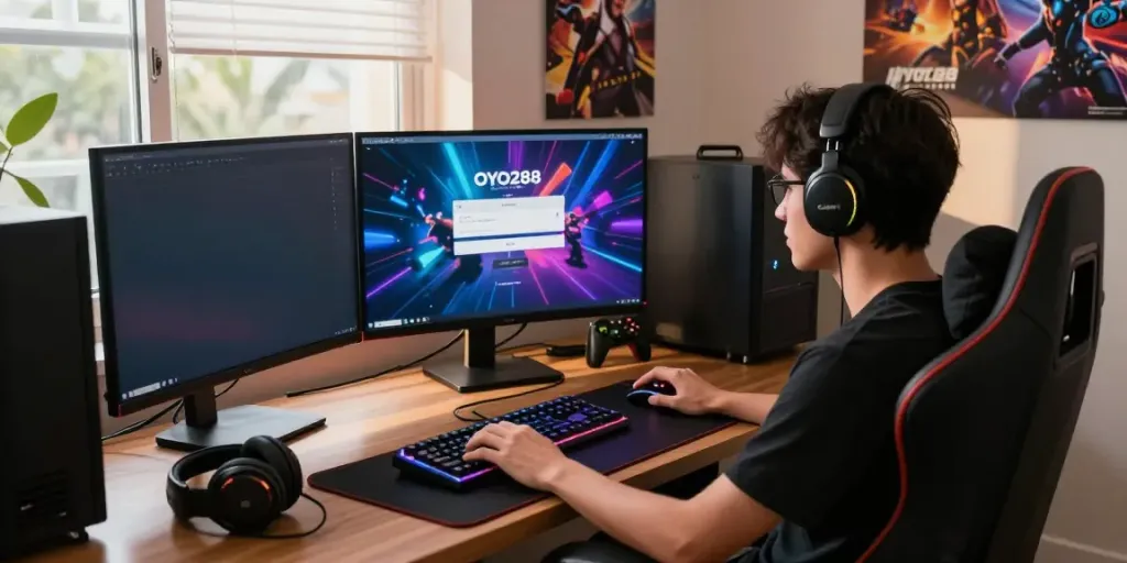 Halaman login OYO288 dengan pemain game yang fokus, suasana gaming modern.