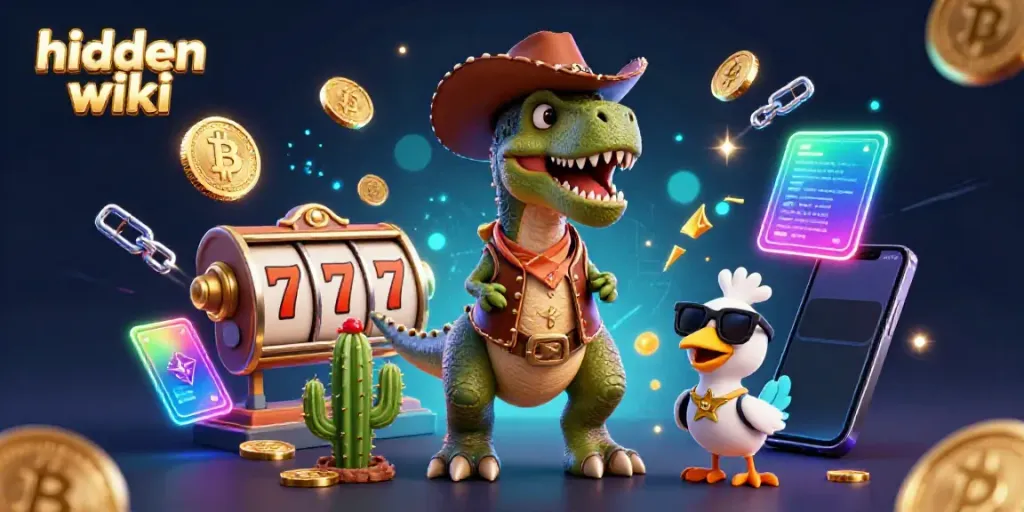 Engage with hidden wiki's thrilling casino adventures featuring a cartoon T-Rex and digital currency.