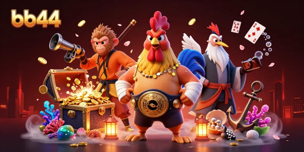 Experience thrilling gameplay with bb44 in a vibrant 3D casino adventure scene featuring unique characters.