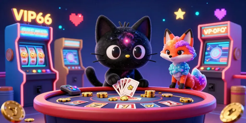 Engage with the thrilling world of VIP66 as the black hole cat draws in casino chips amidst vibrant game elements.