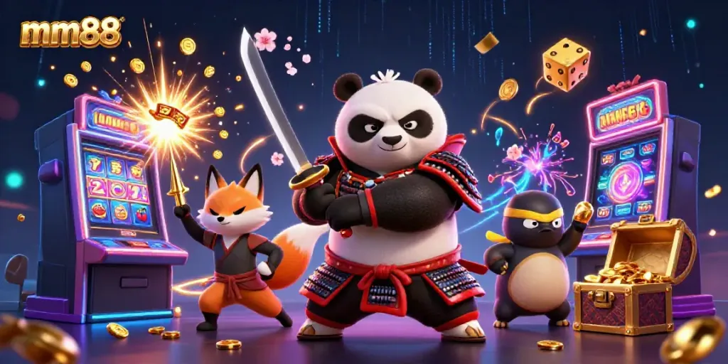 Engage in the vibrant action of mm88 casino with a samurai panda, ninja fox, and magical tanuki among a jackpot explosion.