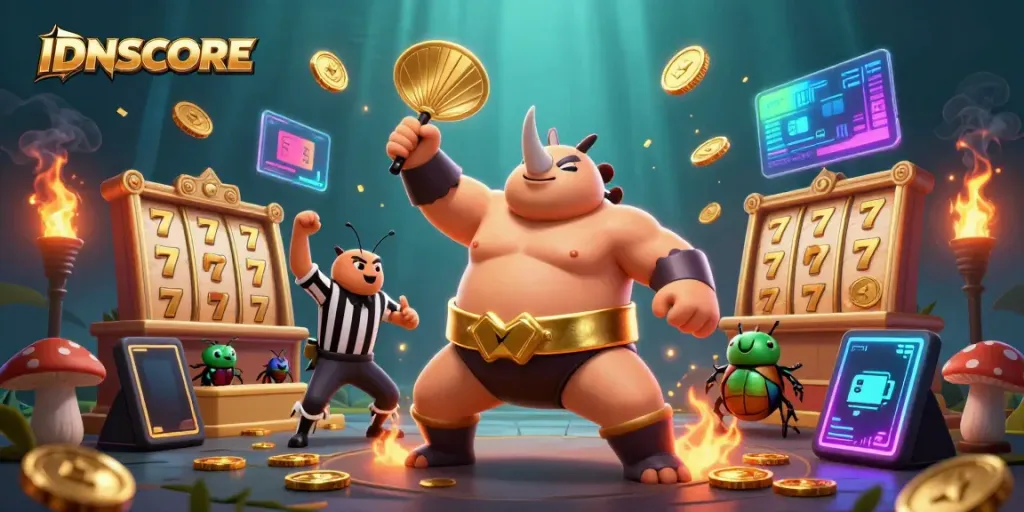Experience the thrill of IDNSCORE with a vibrant illustration featuring a rhinoceros beetle sumo champion amid dynamic gaming elements.