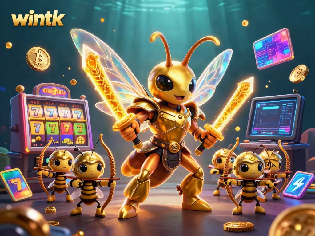 Spin the reels at wintk with vibrant characters and crypto symbols in a dynamic casino setting.
