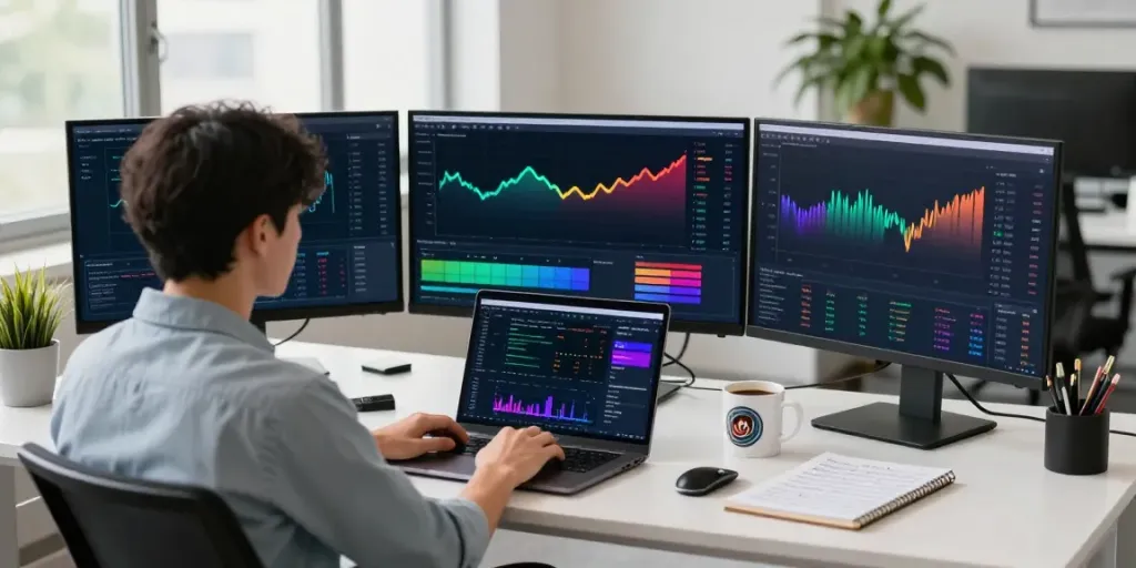 TradingView analysis in a modern tech workspace with multiple screens.