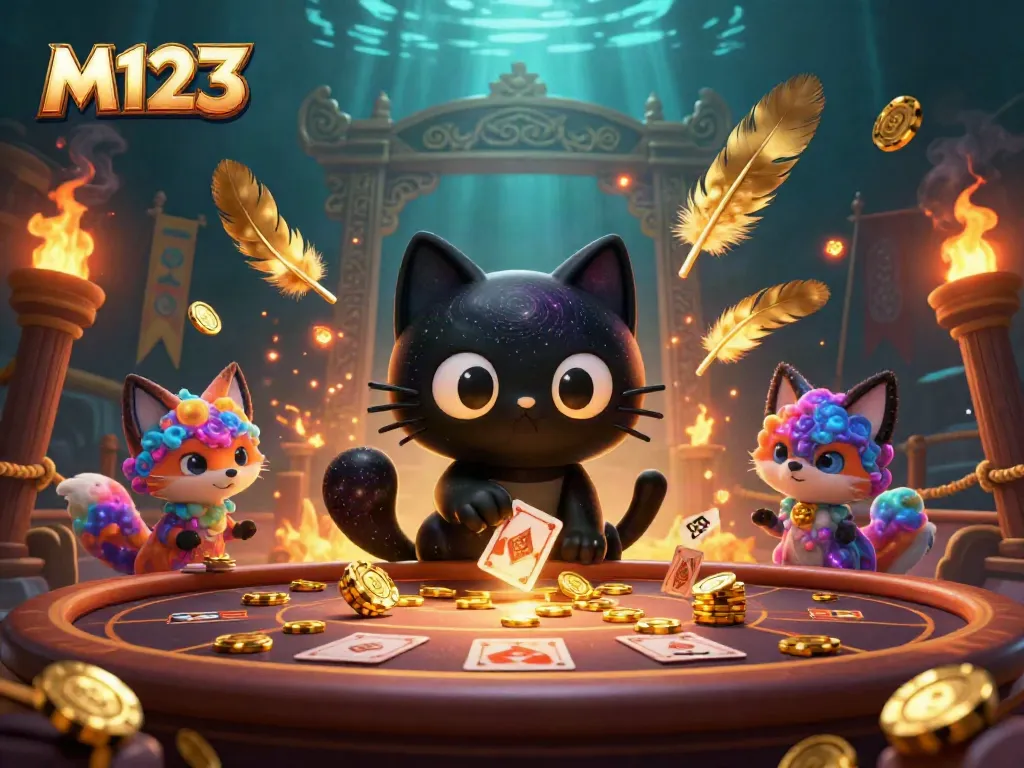 M123 features a cartoon black hole cat at a cosmic casino table, enchanting players with golden chips.