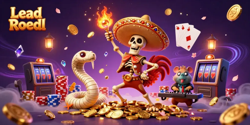 Lead Roedl features vibrant 3D characters celebrating around casino treasures in a dazzling scene.