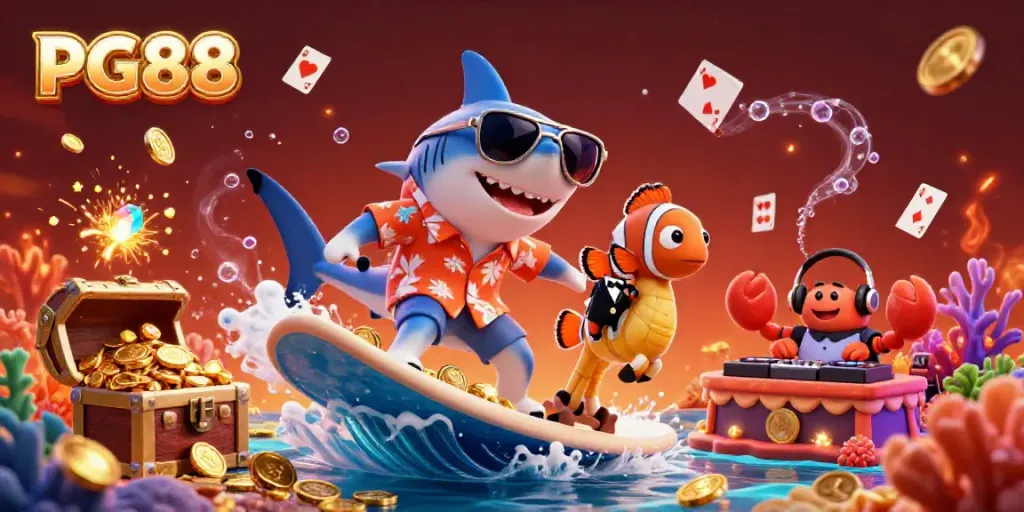 PG88 casino illustration featuring a shark surfing on gold coins, clownfish, and DJ crab amidst casino elements.