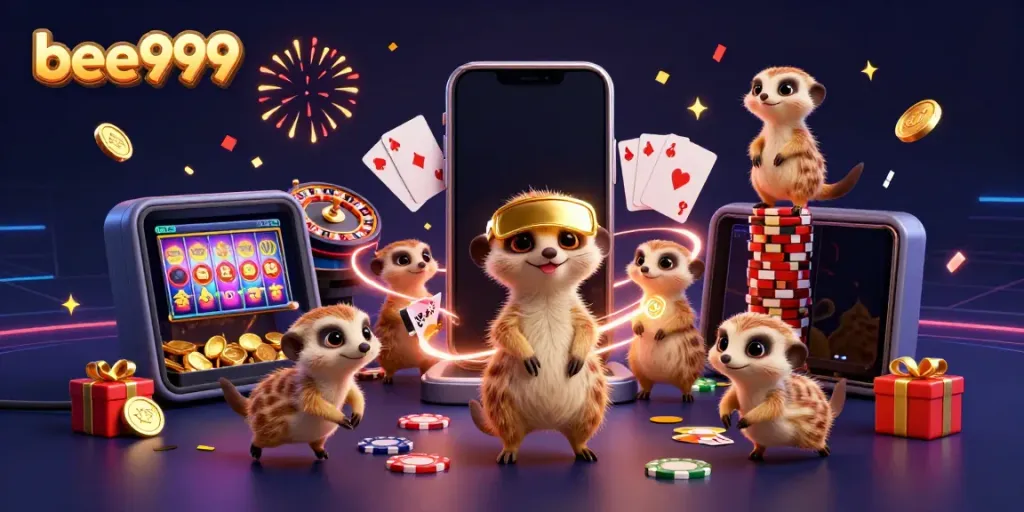 Experience exhilarating gameplay at bee999 with meerkats running a vibrant casino in a colorful illustration.