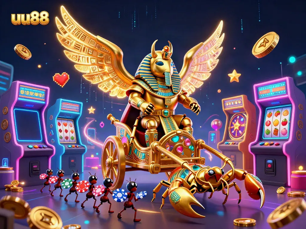 Engage in playful betting with uu88, featuring a vibrant 3D scene of gaming characters amidst jackpot reels.