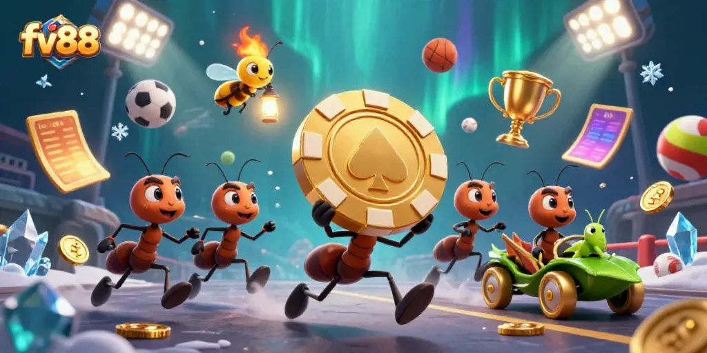 Experience dynamic thrill at fv88 with ants heisting a giant poker chip in a vibrant casino adventure.