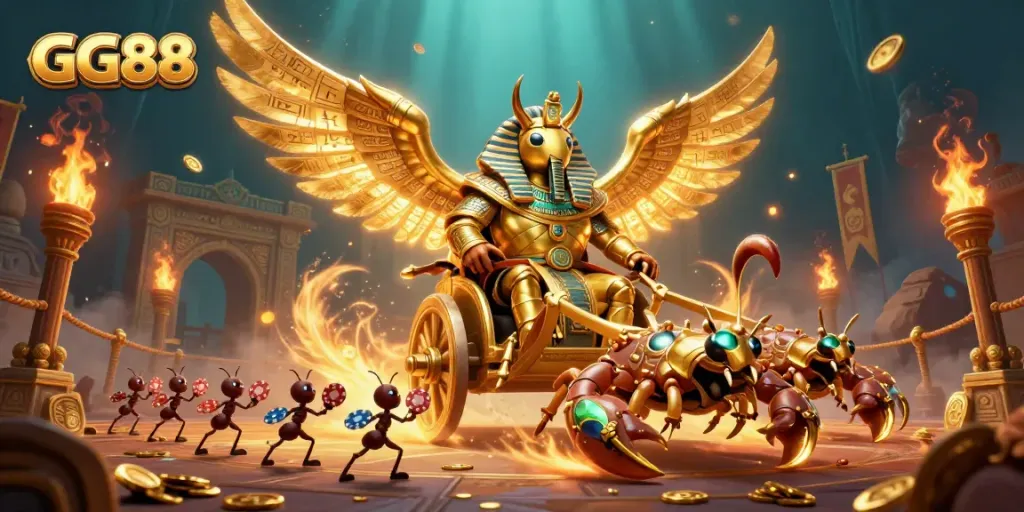Experience the thrilling excitement of GG88 with a dynamic 3D casino scene showcasing abundant gold coins and lively characters.