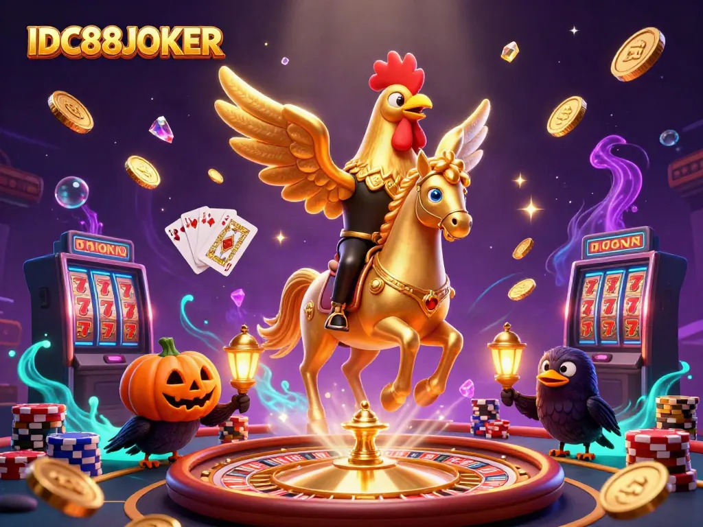 Experience thrilling gaming with IDC88JOKER’s vibrant 3D casino scene featuring a golden rooster.