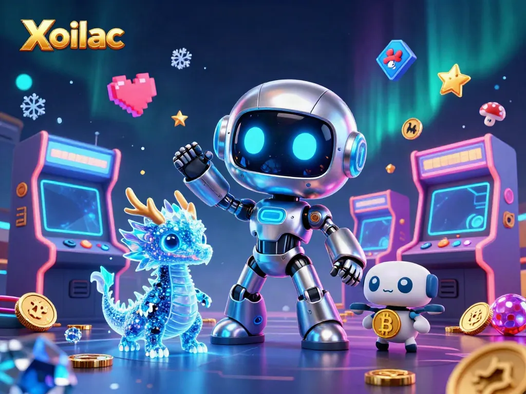 Bet on Xoilac with a futuristic robot and AI dragon in a vibrant casino gaming world.