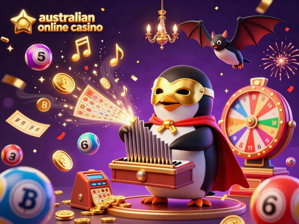 Experience the exciting australian online casino scene with a whimsical 3D cartoon penguin amidst vibrant game elements.