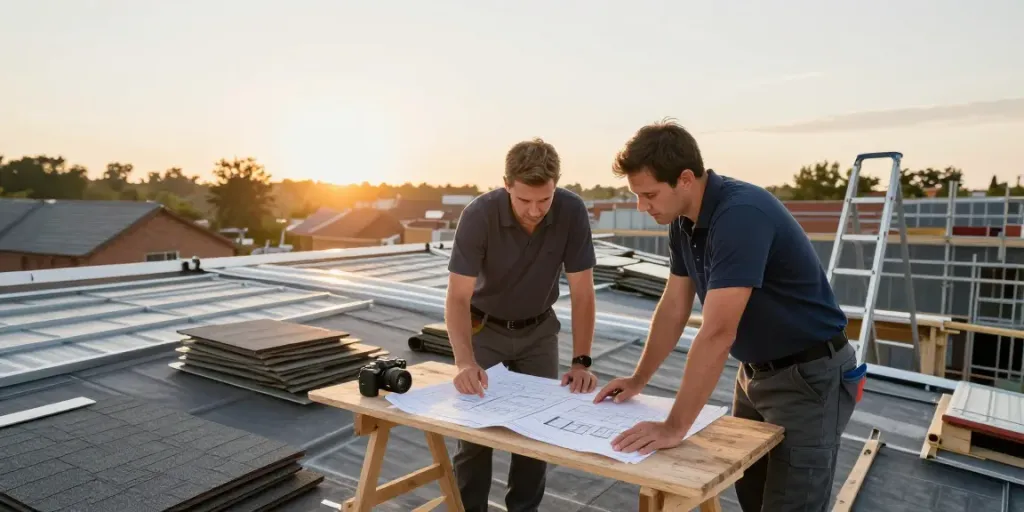 Roofing link building strategies in action with contractors collaborating on a project blueprint.