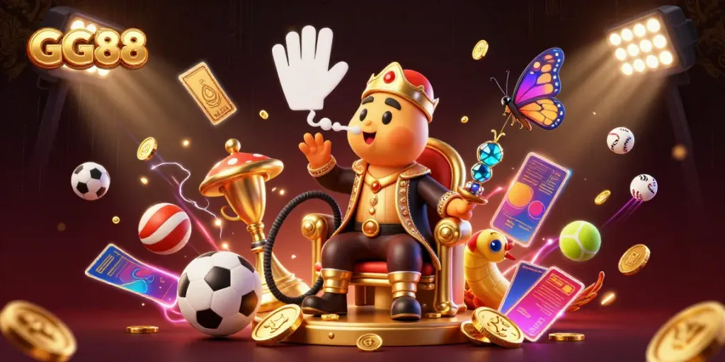 GG88 offers a vibrant casino experience with a dynamic 3D illustration featuring game elements around a central caterpillar.