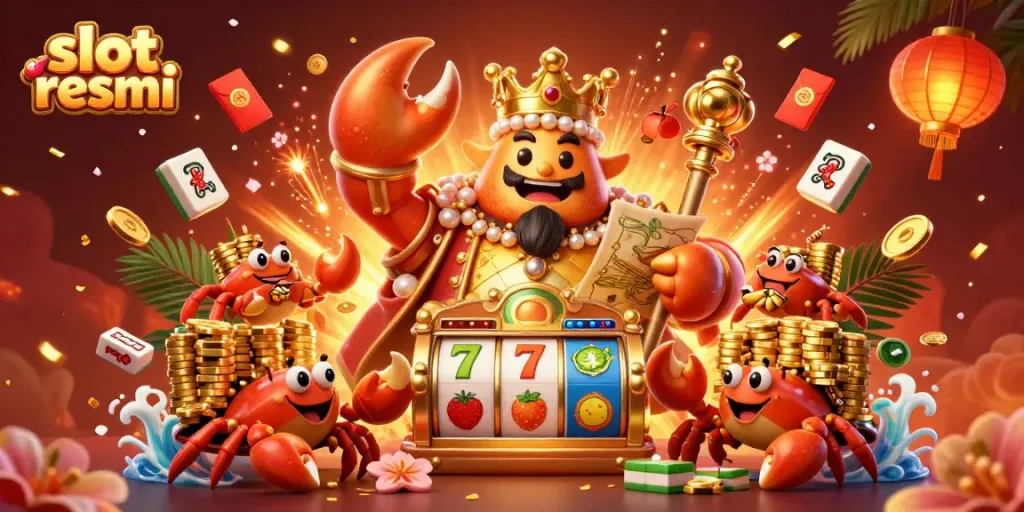 Experience the excitement of slot resmi with a colossal crab holding a scepter and surrounded by vibrant gaming elements.