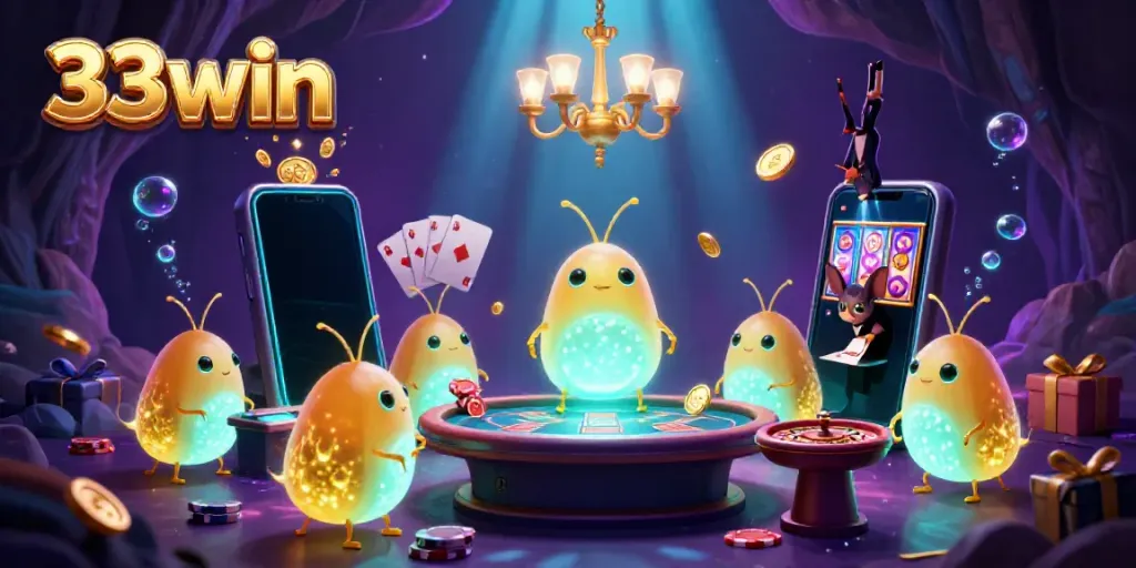 33win casino shines with glowworms illuminating the gaming scene, featuring vibrant slot games and poker elements.