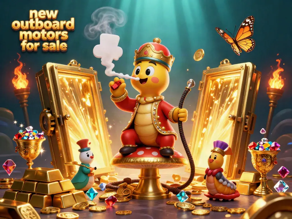 Engaging illustration showcasing new outboard motors for sale amidst vibrant casino elements and rich treasures.
