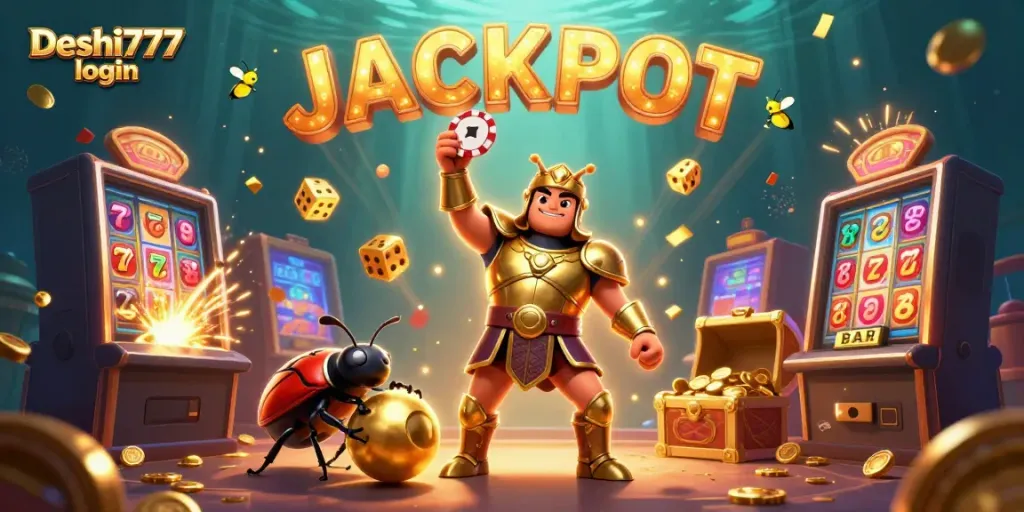Experience seamless Deshi777 login with energetic 3D gambling characters and vibrant casino symbols.