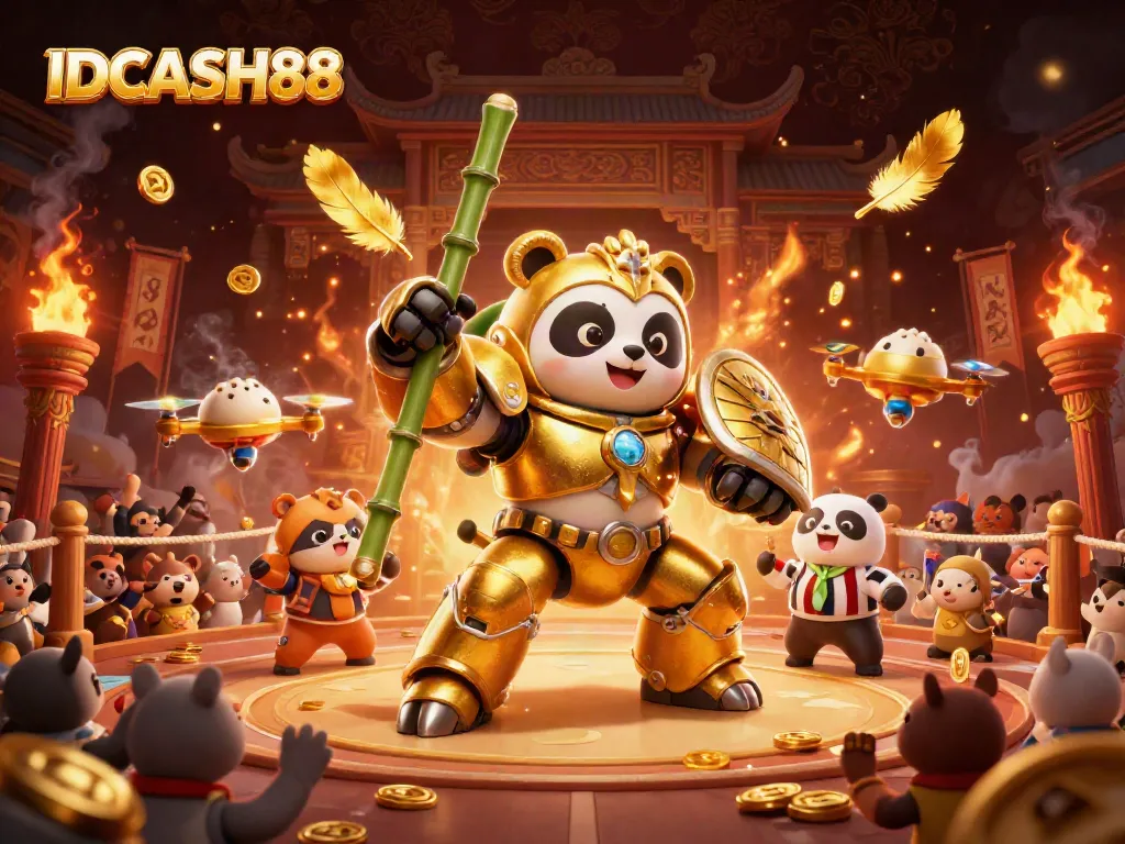 Engage in thrilling gameplay at IDCASH88 where a mech-suit panda battles for jackpots amid a festive arena.