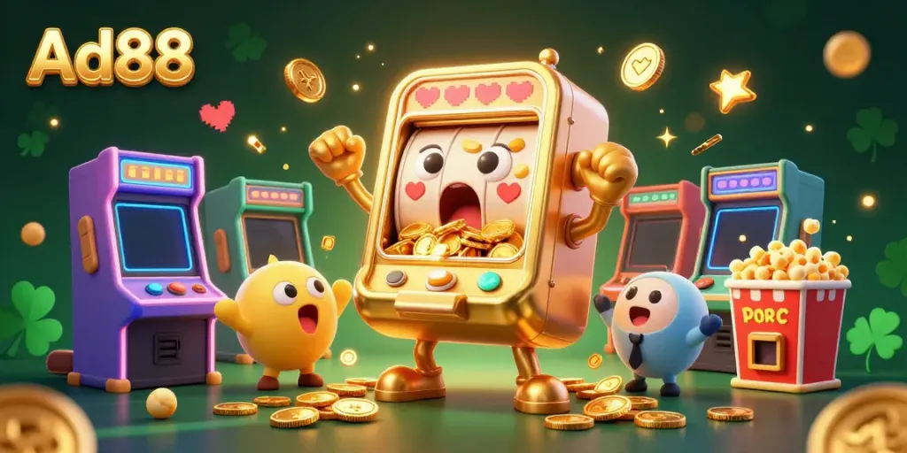 Ad88 slot machine celebrating jackpot with cheering companions in a vibrant casino-themed scene.