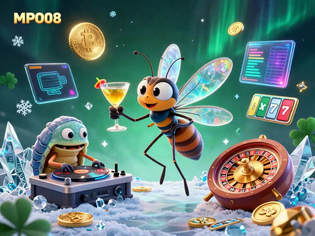 MPO08 showcases a lively casino scene with an amber mosquito mascot, trilobite DJ, and an ammonite roulette wheel.
