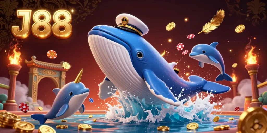 Engage with the dynamic J88 casino scene featuring a whale and playful dolphins amid golden elements.