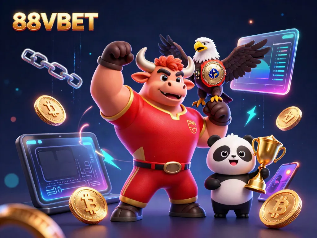 Engage with 88VBET's thrilling casino experience featuring a muscular bull mascot, eagle, and panda celebrating wins.