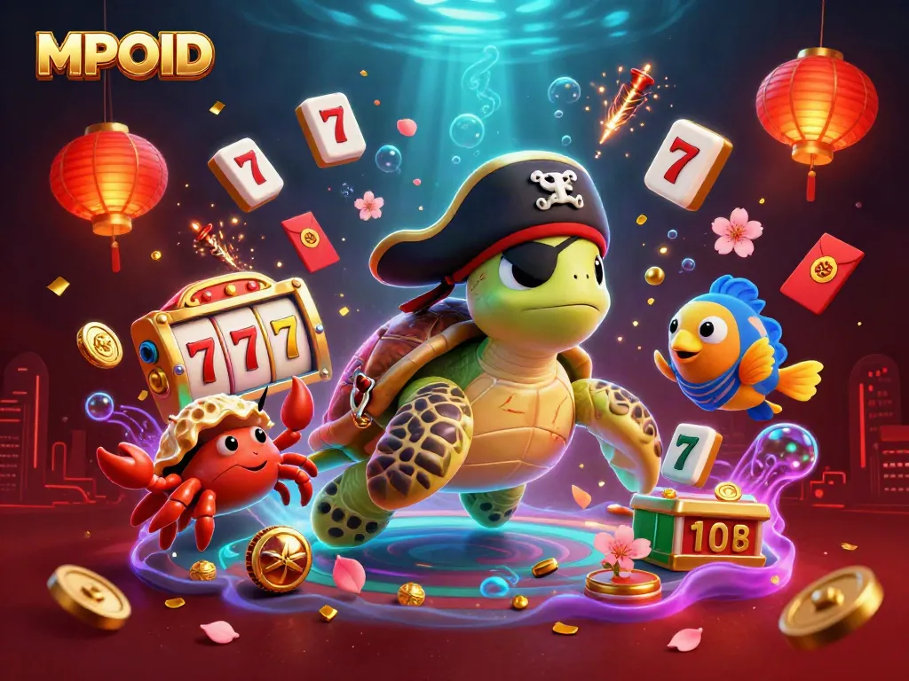 MPOID illustrates a vibrant underwater casino scene featuring a turtle pirate, crab, and parrotfish amidst gold coins and slots.