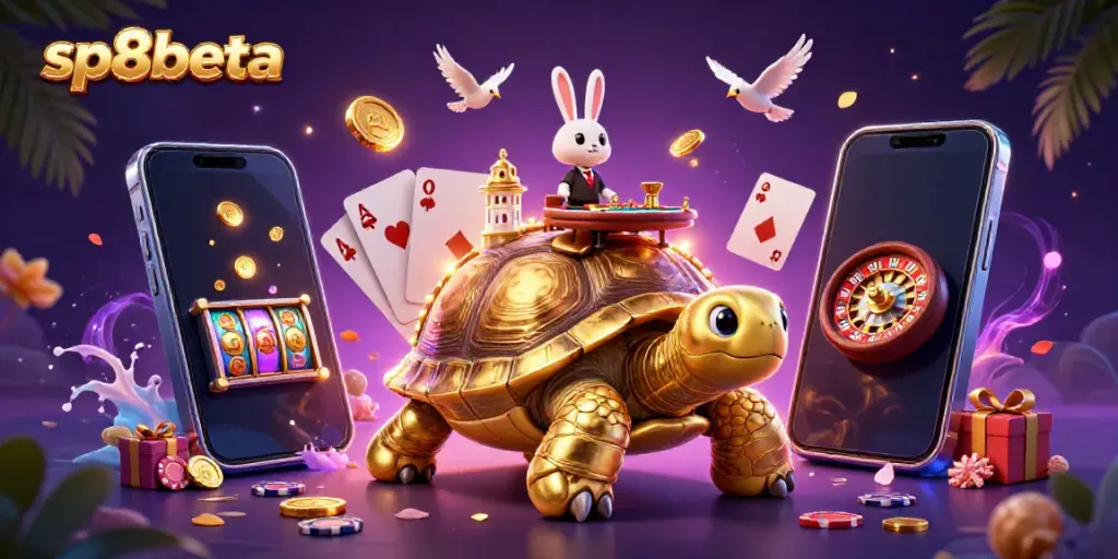 Spin and win at sp8beta with our vibrant casino illustration featuring a golden tortoise and thrilling games.