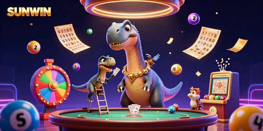 Experience excitement at SUNWIN with a massive brontosaurus and raptor dealer in a vibrant casino scene.