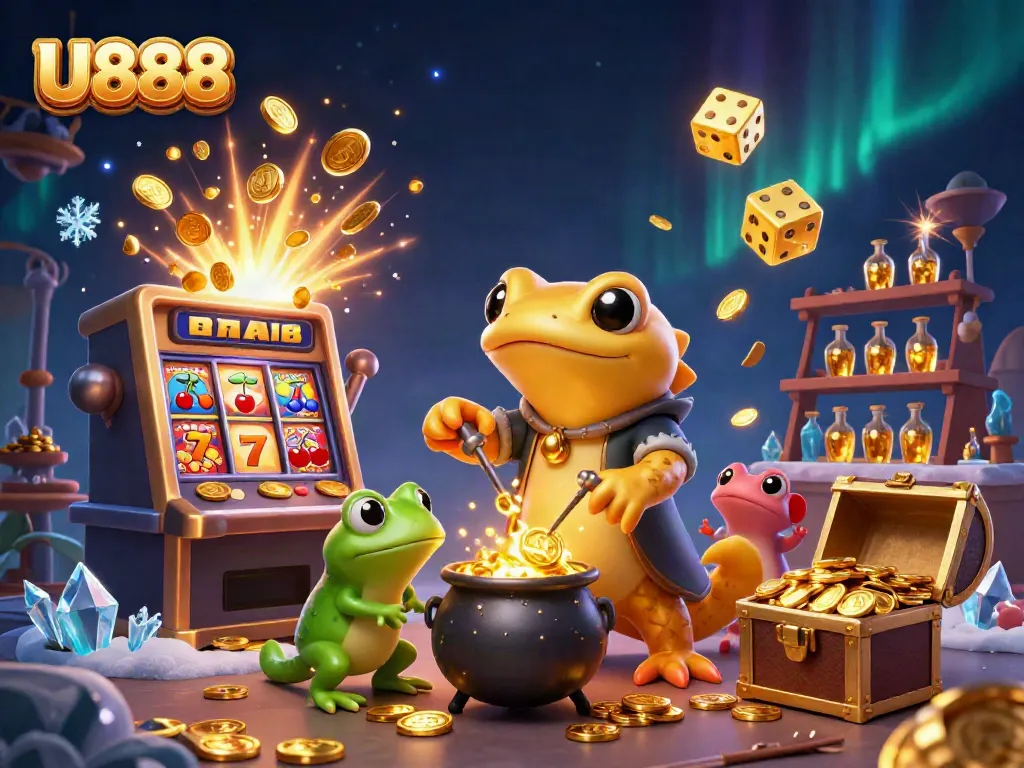 Experience the excitement of U888 with a dynamic 3D scene capturing a magical casino atmosphere.