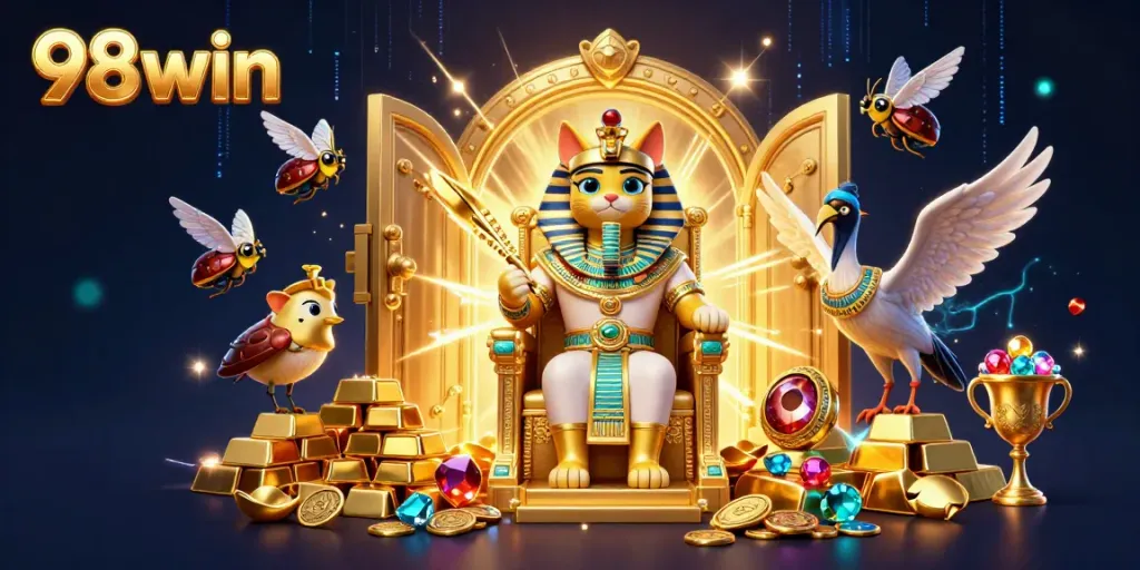 Experience thrilling gaming with 98win as Egyptian-themed characters revel in treasures and vibrant energy.